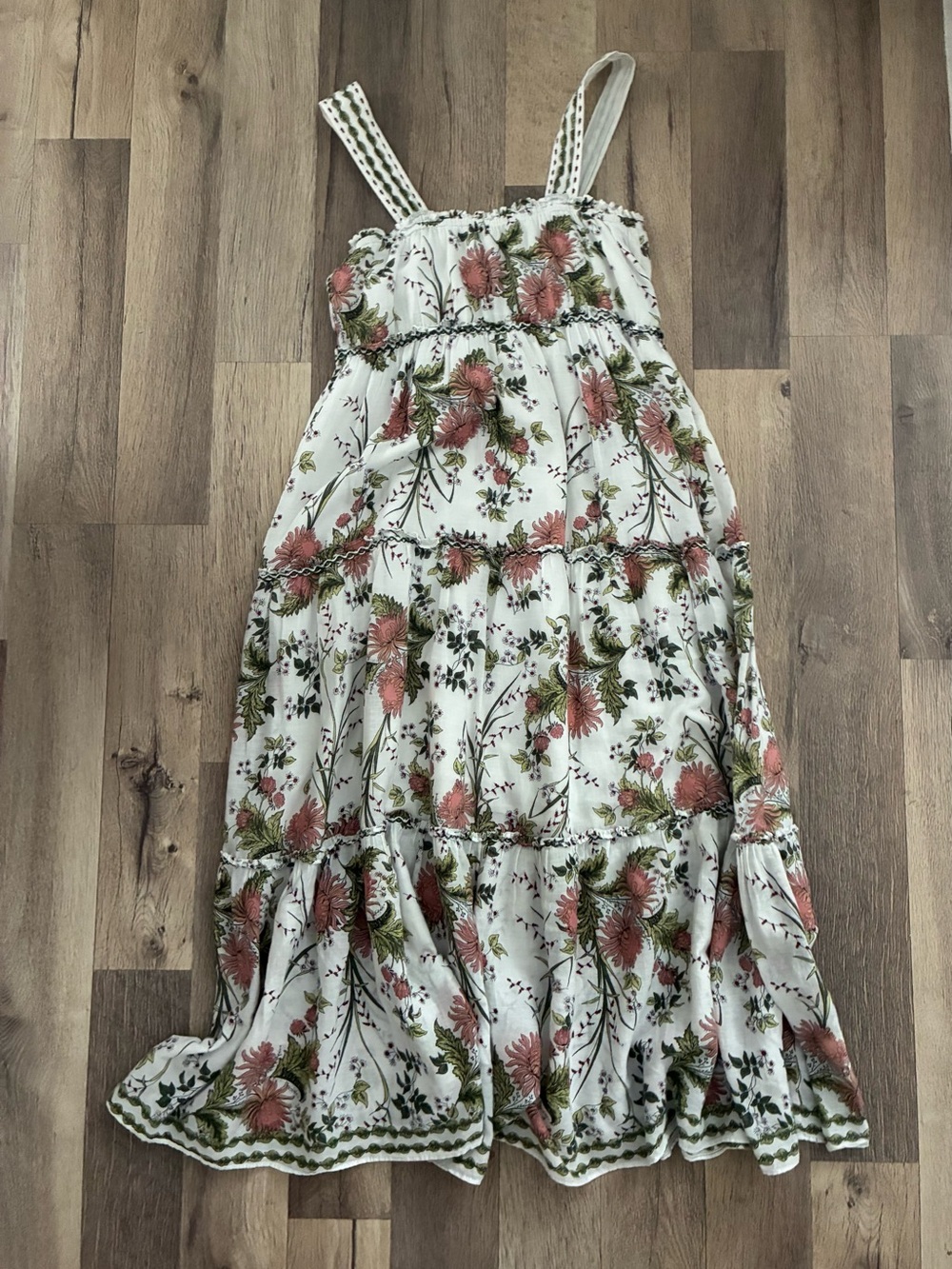 Max Studio White Floral Tiered Sundress with Pink and Green Accents
